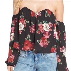 4SI3NNA Off the Shoulder Black Floral Crop Top Sz Small